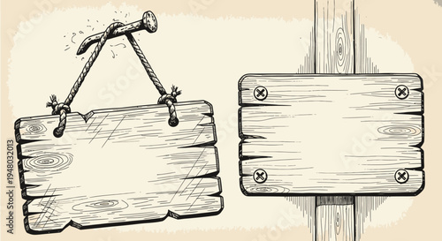 Hand drawn rustic wooden signs set on light background