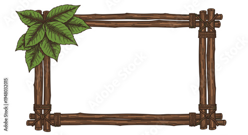 Hand-drawn rustic wooden stick frame with green leaves