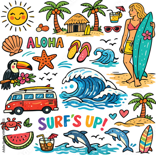 Hand drawn colourful doodle beach surf vector illustration set. Tropical naive coastal elements. Palm trees, waves, starfish, woman surfer or sun. Summer ornament design for t-shirt, poster, vector