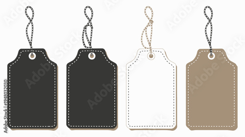 Four blank, vintage-style price tags in neutral colors with string loops, isolated on white