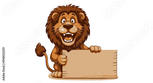 Happy cartoon lion holding blank wooden sign smiling