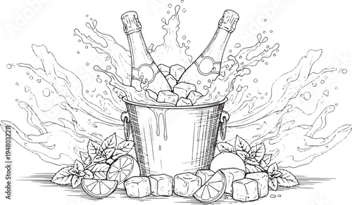 Line art champagne bucket with bottles and splashing ice isolated