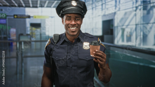 Photos Man police officer holding takeaway coffee cup and smiling at camera while wearing uniform and shoulder radio in an airport terminal walkway; duty reassuring