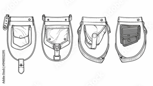 Line drawing of four unique small leather pouch bags on straps, isolated on white