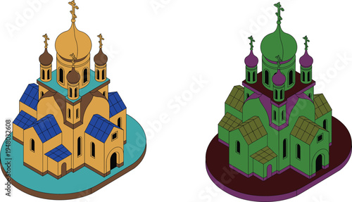 Isometric vector illustration of Orthodox Christian churches with golden and green domes traditional architecture crosses and detailed facades for historical maps travel guides and religious infograph