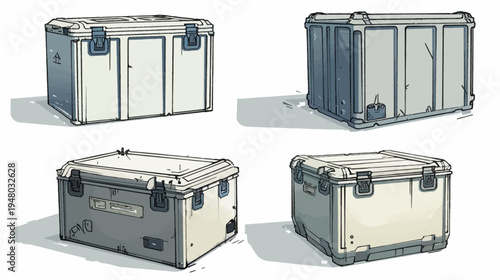 Four illustrated, closed, hard-sided cases on a white background with muted blue shadowing