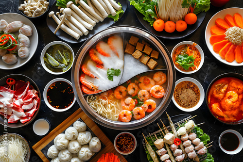 Korean hot pot feast with various ingredients and side dishes