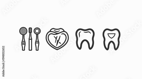 Dental icons in outline style Tools, filled tooth, healthy tooth, cavity tooth on white