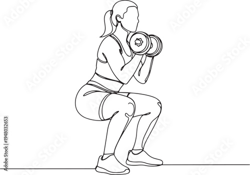Athletic woman performing weighted squats with dumbbells line art isolated