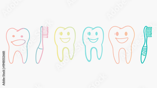 Line art of teeth and toothbrushes with pastel coloring on a white background