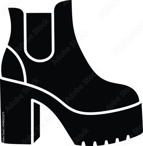 A black silhouette of a stylish platform chelsea boot with a high block heel and lugged outsole