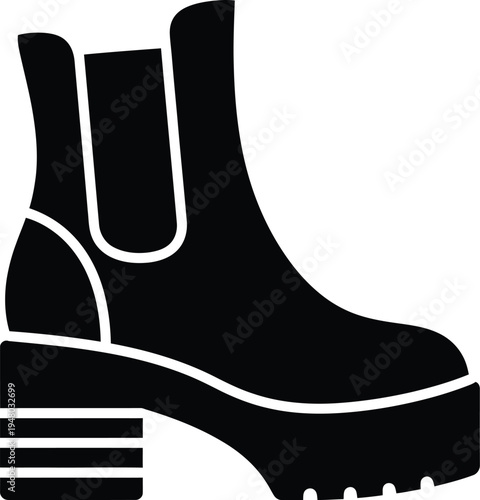 A black silhouette of a modern platform chelsea boot with a thick block heel and elastic panel