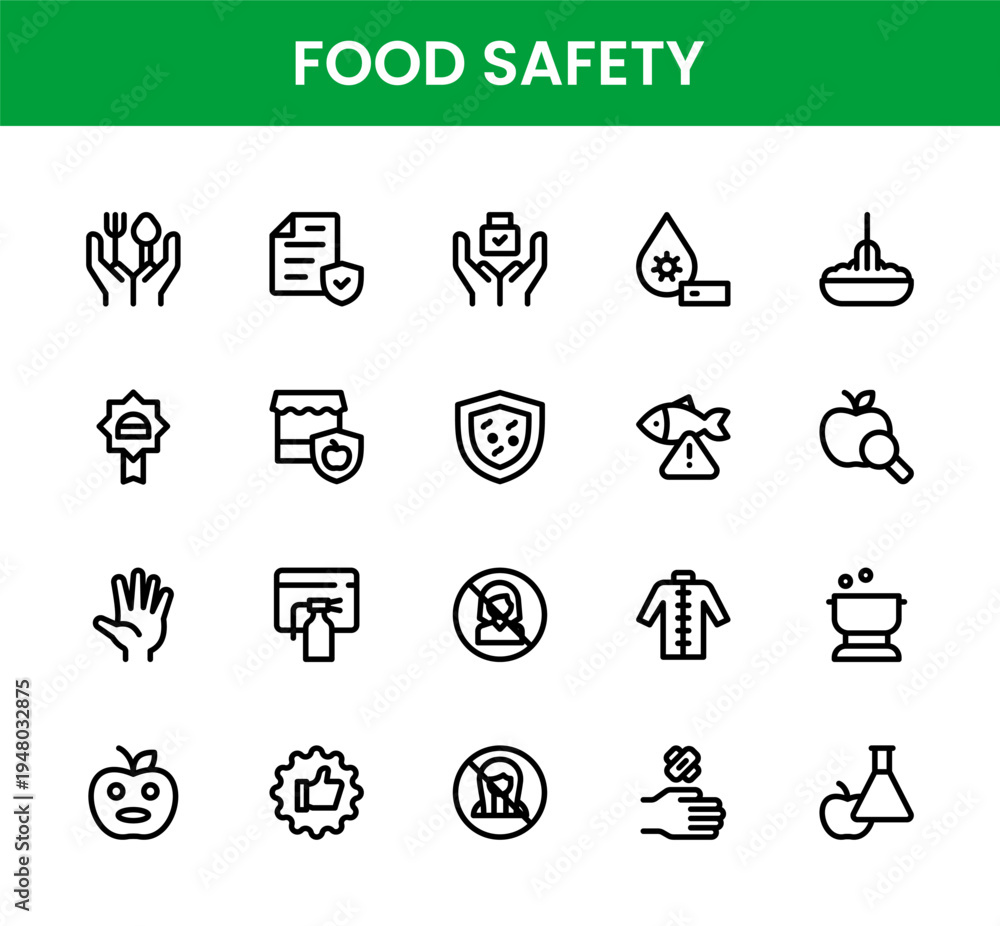 Fototapeta premium Food Safety icon set. Food Safety Modern Line Icon Collection offers professional modern and clean vector illustrations for contamination prevention.