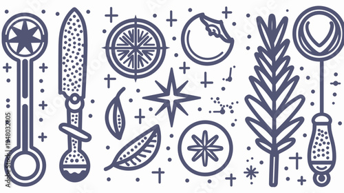 Stylized, simple illustration of various objects, including kitchen tools, starbursts, and organic shapes