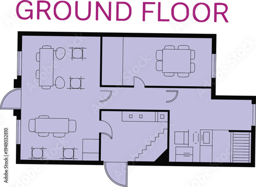 Modern ground floor house plan vector illustration with blue shading and purple text featuring kitchen dining area office rooms and stairs for real estate marketing
