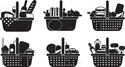 Basket line vector icons and signs. Wicker, Straw, Handled, Market, Fruit, Shopping, Store, Wire outline vector illustration set