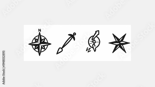 Set of navigation symbols, hand-drawn in a simple style. Includes compass and star illustrations