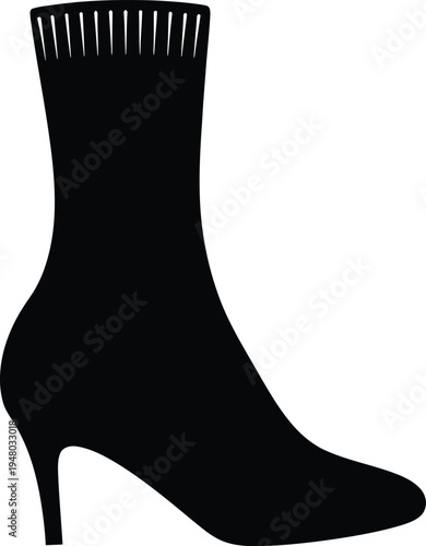 A sleek black sock boot silhouette featuring a high heel and a ribbed knit texture at the top edge