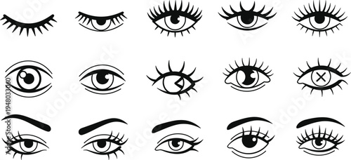 Set of hand drawn female eye vector icons with various eyelash styles eyebrows and expressions for beauty salon makeup branding character design and fashion illustrations