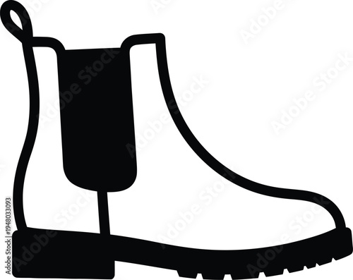 A simple black silhouette icon of a classic chelsea boot with a sturdy sole and pull tab detail