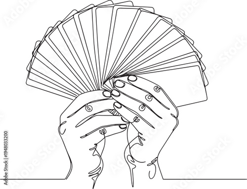 Line art hands holding fanned cards isolated