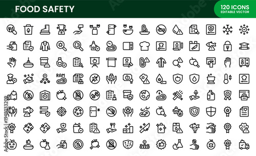 Food Safety icon set. Food Safety Professional Line Icon Set includes modern minimal and professional vector icons for food safety awareness.