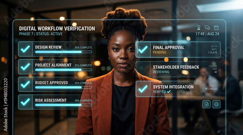 A professional woman in a modern office setting with a digital workflow verification interface