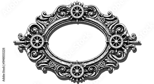 Ornate oval frame with nautical ship wheels and mechanical gears
