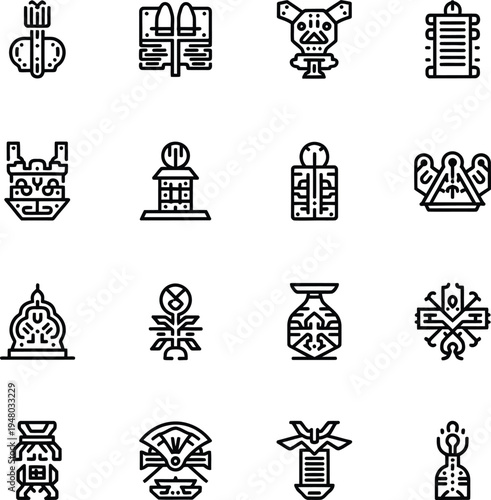 Collection of 16 unique ancient style icons or symbols