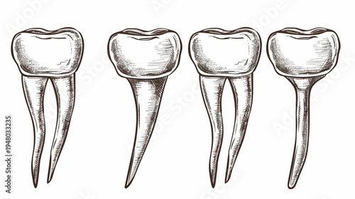 Four molars rendered in a sketchy, engraved style against a white background