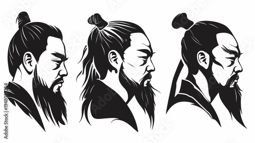 Black and white illustration of three stylized man portraits in profile. Features beards, topknots