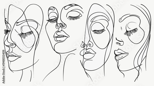 Line art illustration of four faces in a row, using continuous, simple, black lines