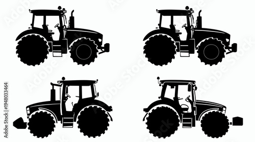 Four tractors in black silhouette against a white background, various positions shown
