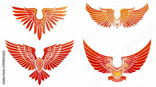 Four stylized images of stylized wings in hues of red and gold on a white background
