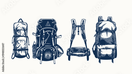 Hand drawn vector illustration featuring four different backpacks in blue on white