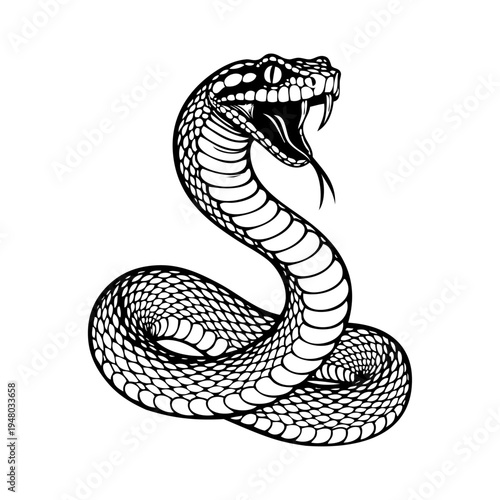 Dibujo sencillo con líneas de una serpiente enojada, con la boca abierta, enseñando los colmillos y la lengua bífida	