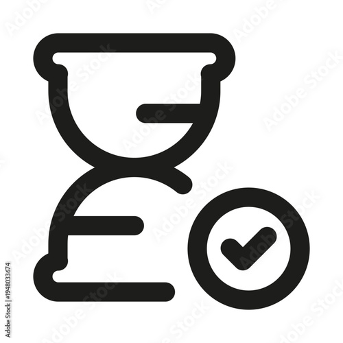 Hourglass with Checkmark Line Icon. Professional minimalist symbol designed as a premium vector line icon for time management, completion, and verification