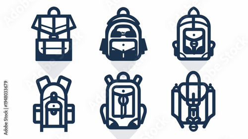 Vector image of six backpack icons in a dark blue color, arranged in a row