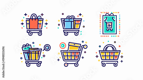 Set of six colorful icons of shopping carts with bags, boxes and other shopping elements