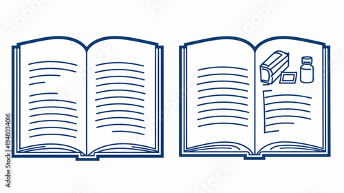 Stylized illustration of an open book with lines representing text on pages, with objects