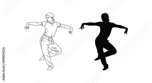 Dynamic male dancer striking an expressive modern movement pose available as line art and silhouette