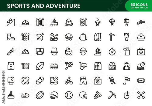 Sports and Adventure icon set. Sports and Adventure Modern Line Icon Collection includes professional modern minimal vector icons for hiking, climbing, and outdoor fun.