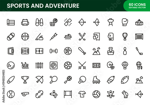 Sports and Adventure icon set. Sports and Adventure Professional Line Icon Pack features modern clean and professional vector illustrations for active lifestyle.