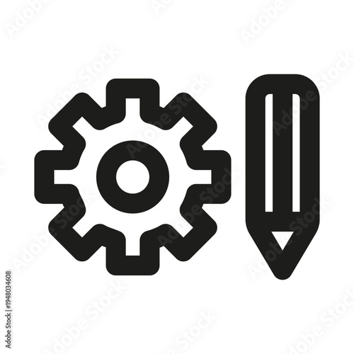 Pencil and Gears Engineering Line Icon. Professional minimalist symbol combining design and machinery, perfect for technical and creative processes