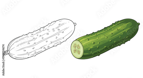 Vector illustration showing a whole colored cucumber next to a black and white outline drawing