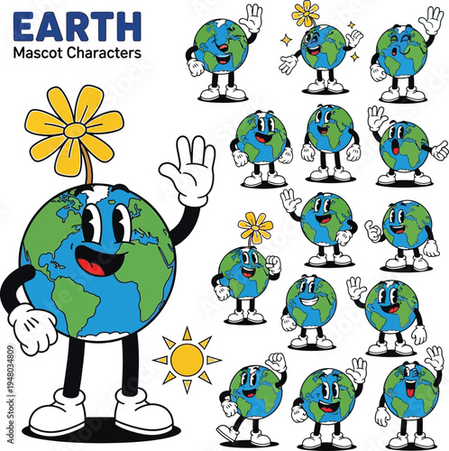 Earth mascot characters in various poses and emotions