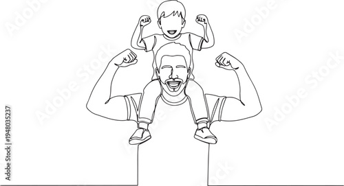Minimalist one line drawing of a happy father carrying his son on his shoulders.