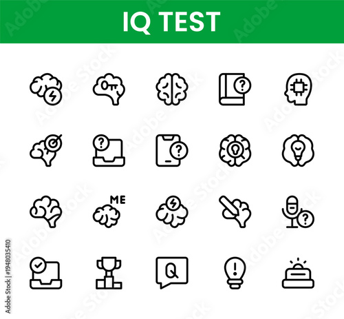 IQ Test icon set. IQ Test Professional Line Icon Collection includes modern clean vector icons for intelligence tests and analytical exercises.
