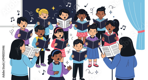 Diverse Children's Choir Singing Joyfully with Teachers in Classroom
