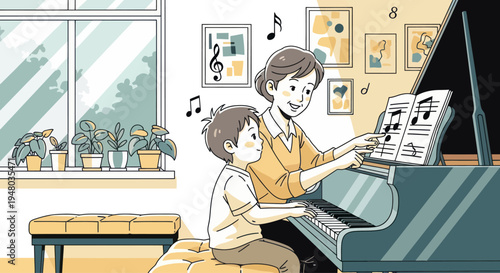 Mother teaching son piano lesson at home, happy family learning music together